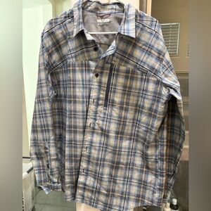 Columbia EUC Blue and Tan Plaid Button-Up Shirt L